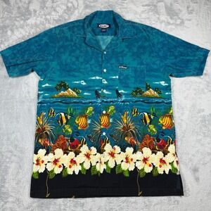 Vintage GJC Hawaiian Vacation Shirt Men L Blue Ocean All Over Beach St. Thomas